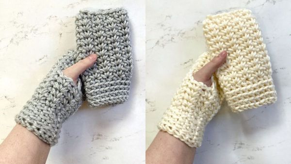 a person wearing a crochet fingerless gloves in two different colors