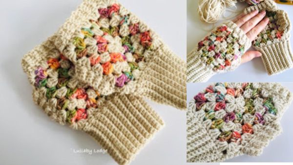 a woman wearing a granny square fingerless mittens