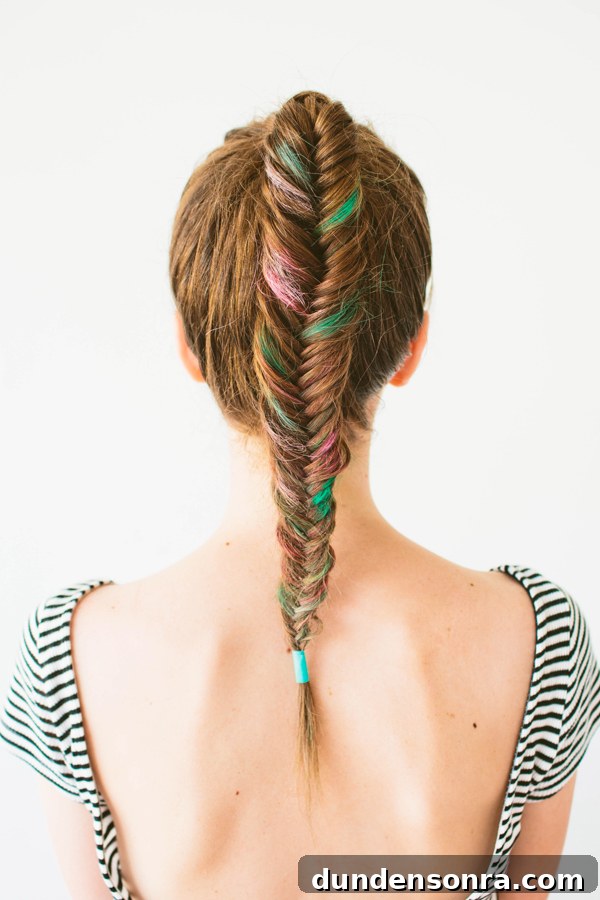 Party Hair Ideas for Brunettes: Hair Chalk Tips + Fishtail Top Knot 18 DIY Colorful Fishtail Braid with Hair Chalk