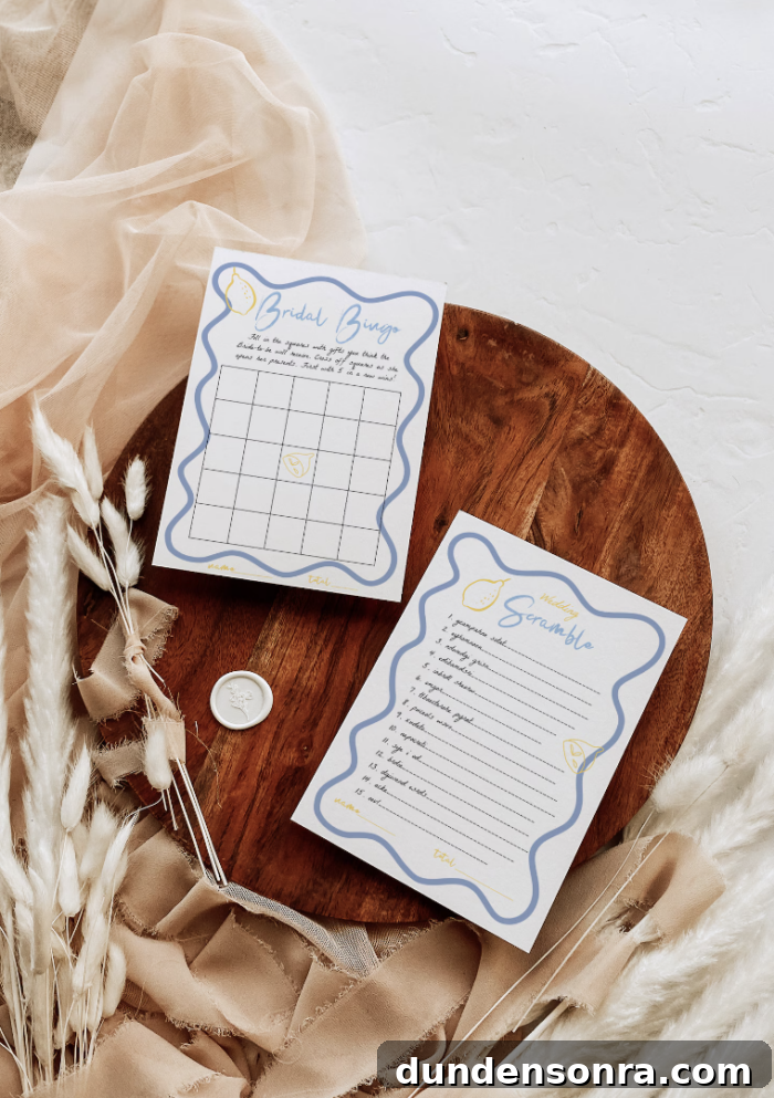 Bridal Bingo and Scramble on a wooden table. 