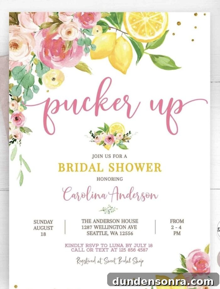 Bridal shower invitation with text "pucker up" and floral and lemon designs. 