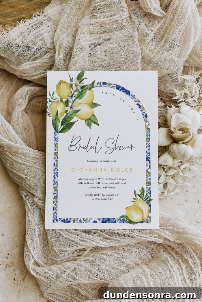 Bridal shower invitation with Italian-style blue motif tile design. 
