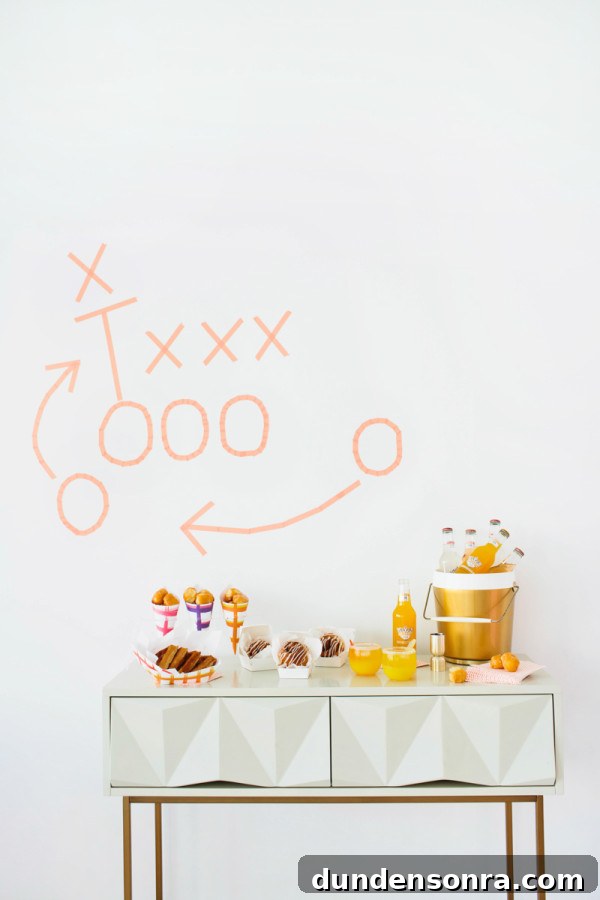A dresser with snacks on it and tape on the wall