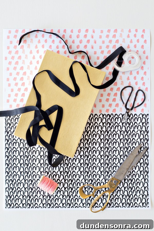 Craft materials including scissors, ribbons, and tape 