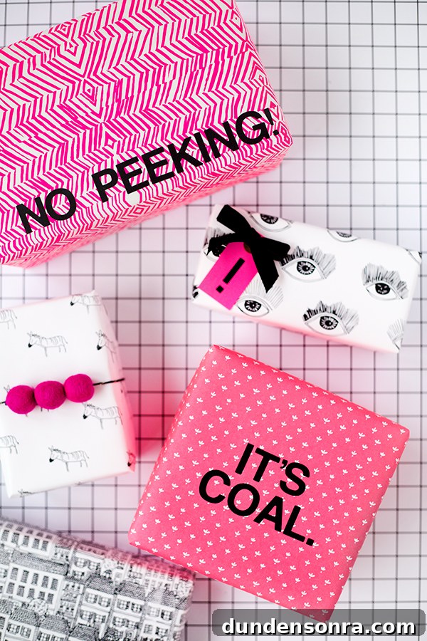 Creative Holiday Gift Wrapping Ideas to Impress Loved Ones 5 Presents in pink, black, and white wrapping paper