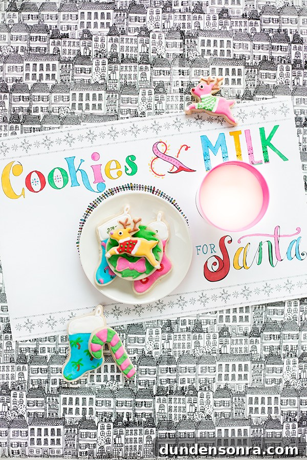 Printable Colorable Christmas Placemats — Holiday Kids Activity 2 A place mat that says "cookies and milk" with bowls on it