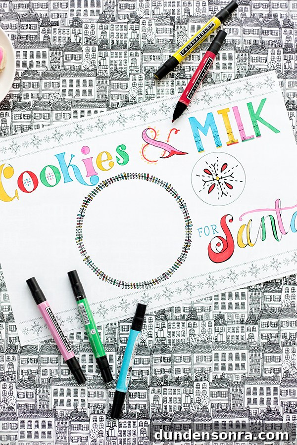 Printable Colorable Christmas Placemats — Holiday Kids Activity 3 A place mat that says "cookies and milk" with bowls on it