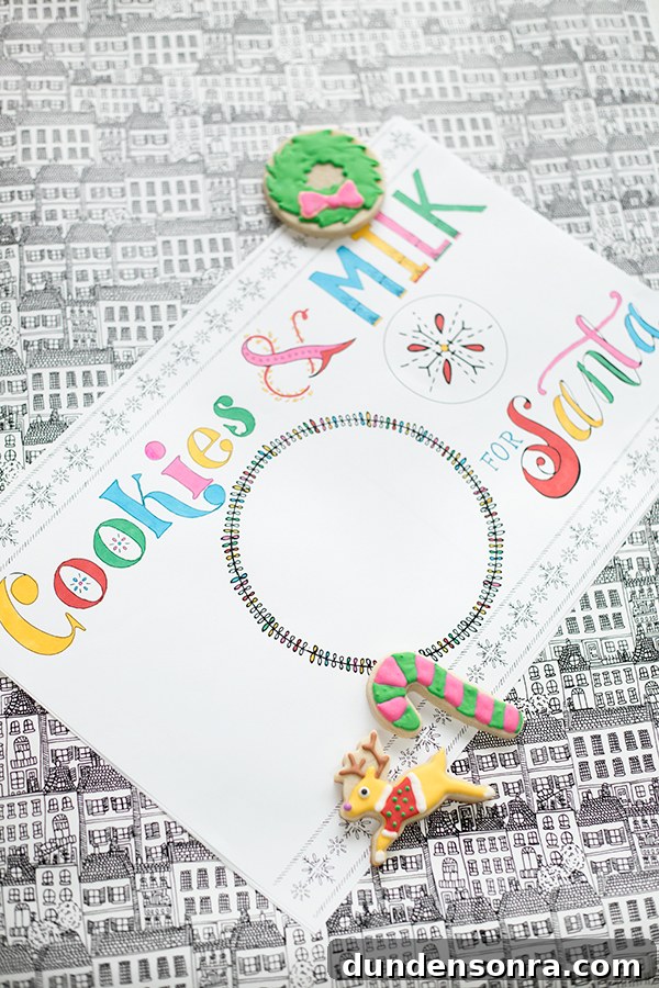 Printable Colorable Christmas Placemats — Holiday Kids Activity 4 A place mat that says "cookies and milk" with bowls on it