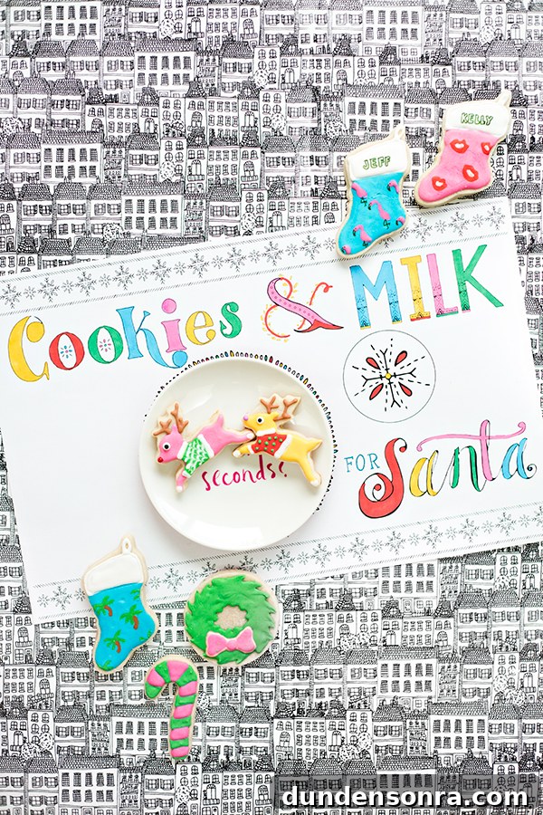 Printable Colorable Christmas Placemats — Holiday Kids Activity 5 A place mat that says "cookies and milk" with bowls on it