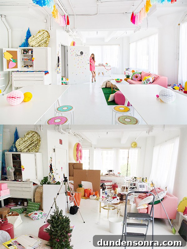 Two photos of a space with decor and furniture 