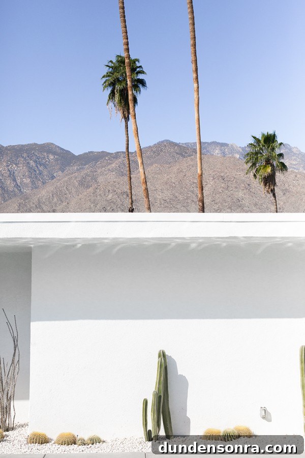 A white building and palm trees behind it