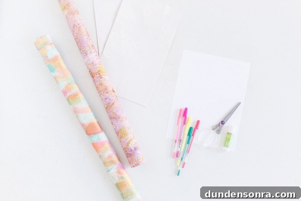 Creative DIY Postcard Message Ideas with Patterned Designs 4 Wrapping paper, pens, and scissors
