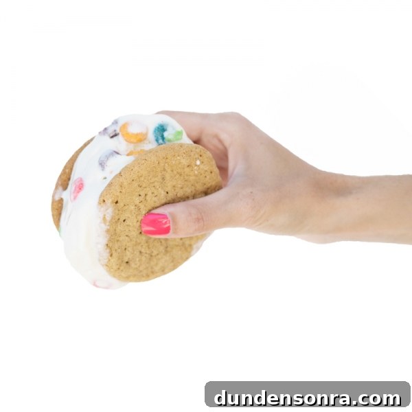Someone holding an ice cream sandwich 