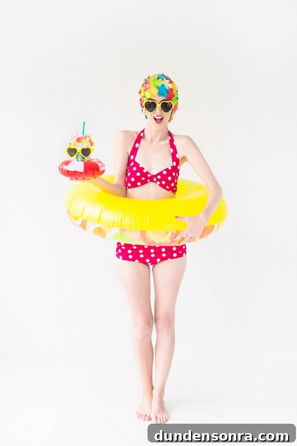 DIY Retro Swim Frappuccinos: Make Vintage Poolside Drinks at Home 3 A woman wearing a polka dot bikini and shower cap