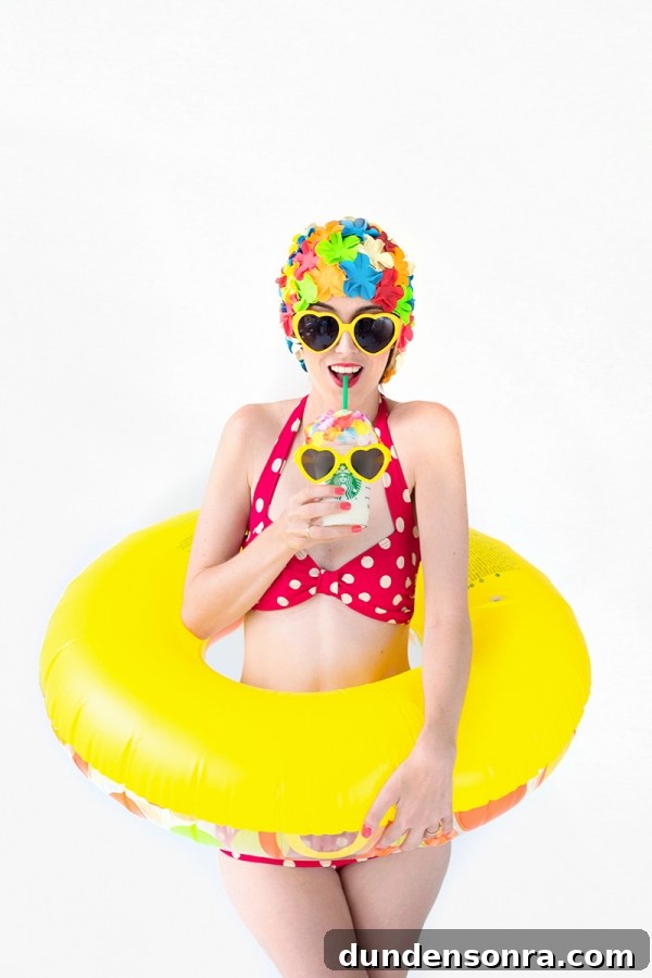 DIY Retro Swim Frappuccinos: Make Vintage Poolside Drinks at Home 7 A woman wearing a bikini and holding a starbucks drink