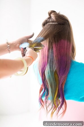Brunette hair with colorful hair dye