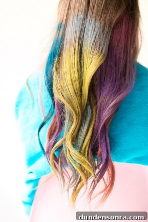 Brunette hair with colorful hair dye