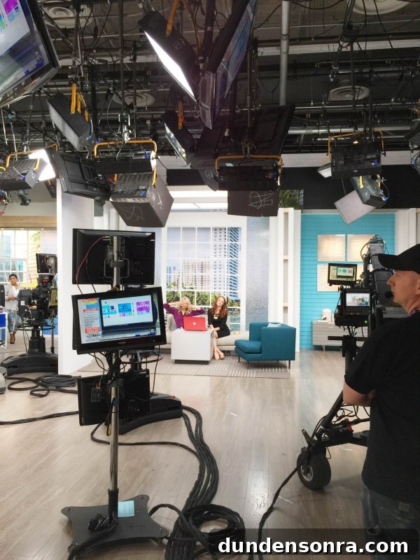 A film set with couches and tables