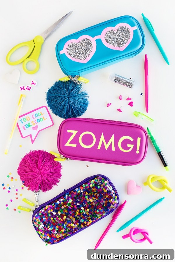 Pencil case, pens, and glitter
