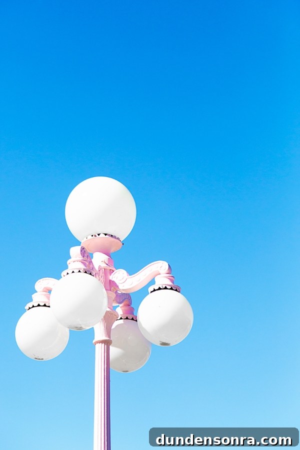 A close up of a pink street lamp