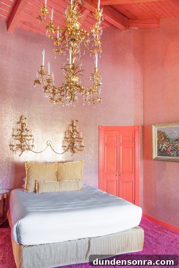 A bedroom with a large bed and chandeliers 