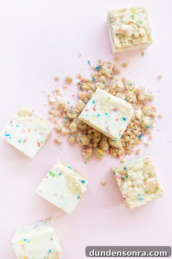 Funfetti Fudge Recipe: Colorful, Creamy Celebration Fudge 8 Cake slices and crumbles.