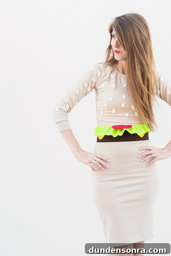 DIY Burger Costume Ideas: Creative Homemade Burger Halloween Outfit 12 A woman wearing a burger costume