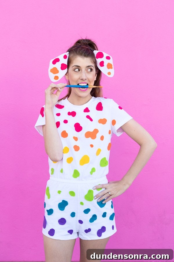 DIY Lisa Frank Costume Ideas for Colorful 90s-Inspired Looks 24 A woman wearing a white outfit with rainbow dots on it