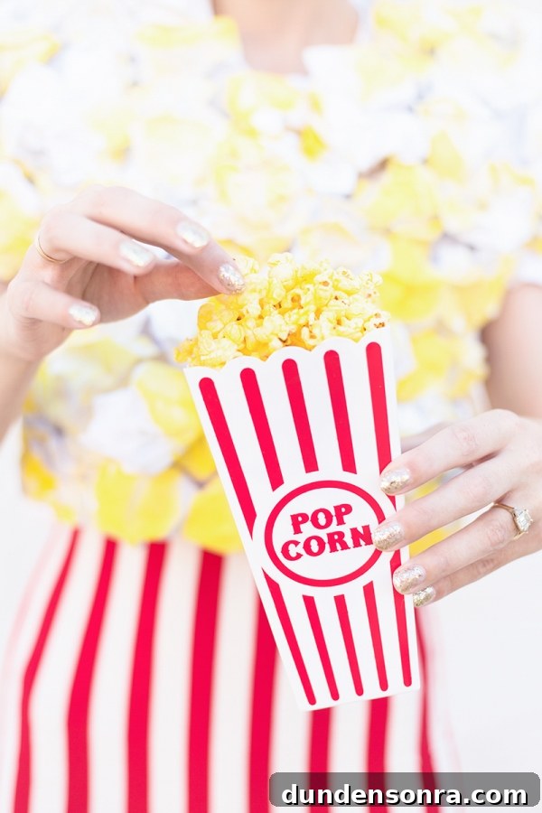 A woman wearing a popcorn costume and eating popcorn