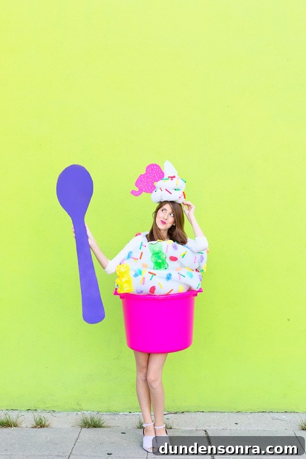A woman dressed in a froyo costume 
