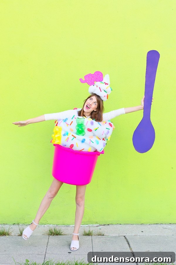 A woman dressed in a froyo costume 