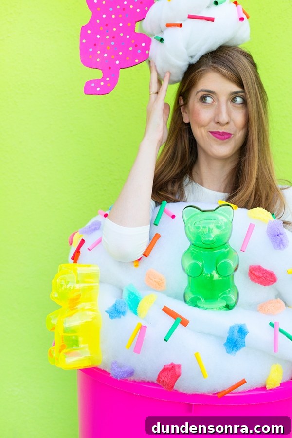 A woman dressed in a froyo costume 