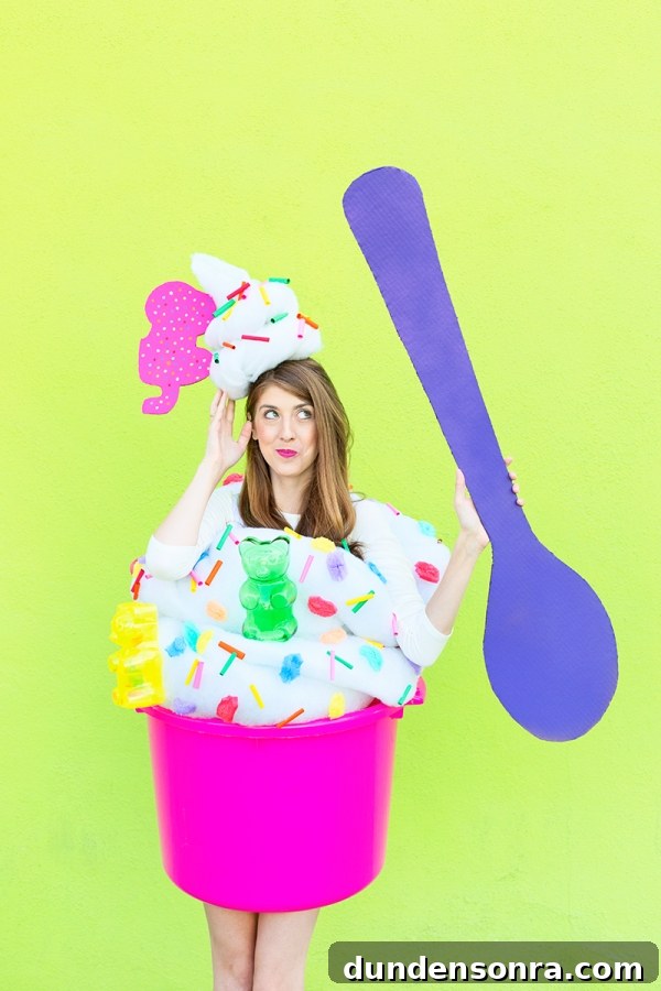 A woman dressed in a froyo costume 