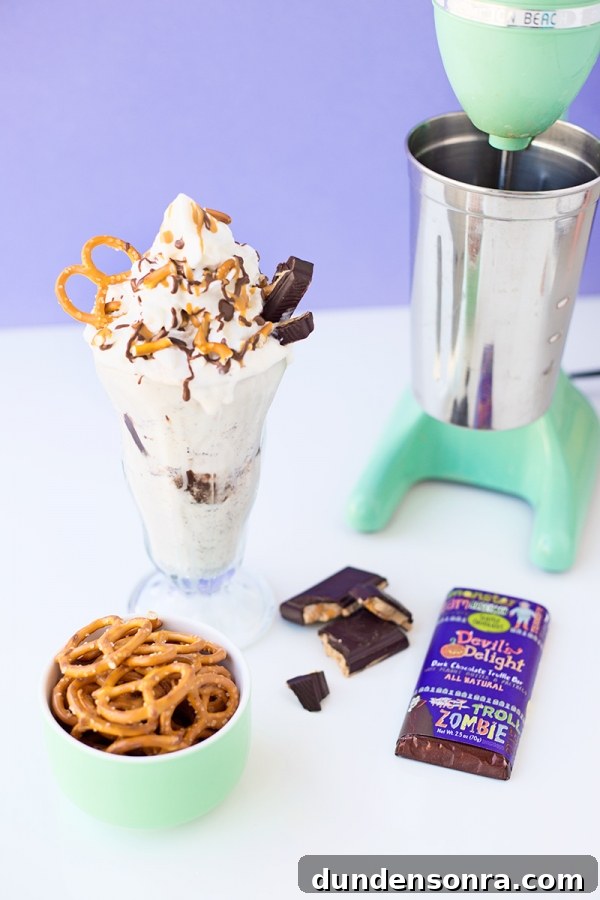 Devil’s Delight Milkshake Recipe: Rich Chocolate Cherry Shake 3 A milkshake with pretzels