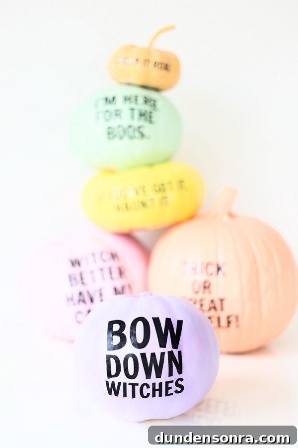 Colorful pumpkins with words on them