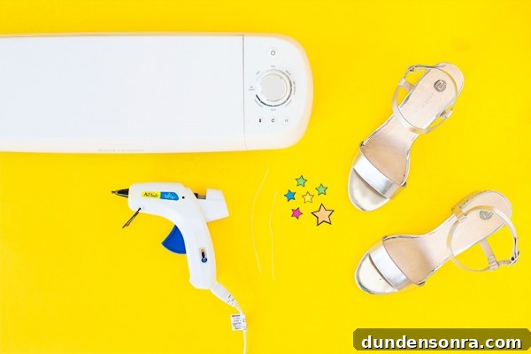 Heels, glue gun, stickers, and machine 