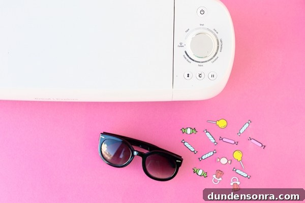 Sunglasses, stickers, and a machine 