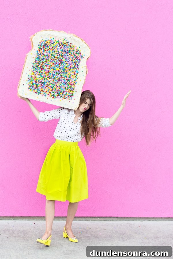 A woman in a yellow skirt and holding a fairy bread pinata 
