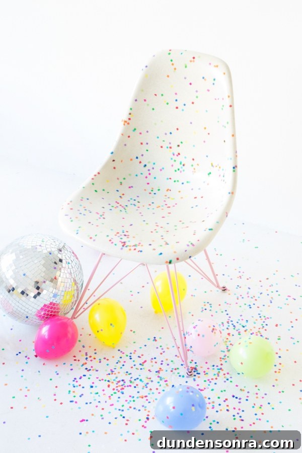 Studio DIY and Modernica Confetti Chair Reveal + Giveaway 3 Chair with colorful dots on it and balloons