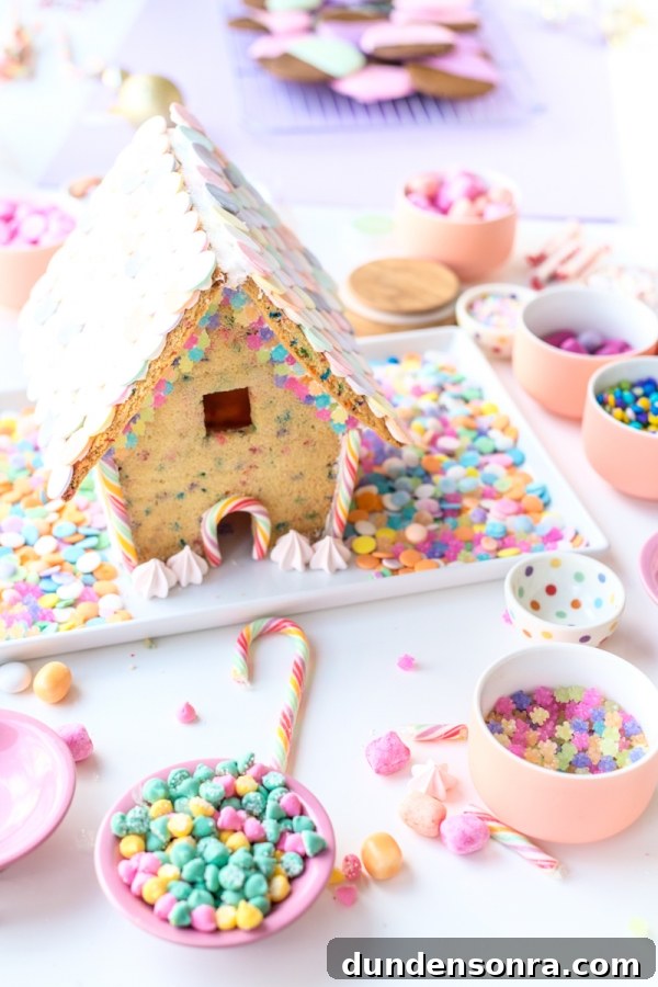 Funfetti Sugar Cookie House Recipe — Colorful Party Treat 13 Gingerbread house with colorful toppings