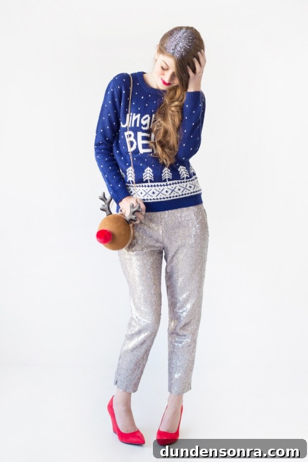 Sparkling Holiday Outfit Ideas: Head-to-Toe Party Looks 3 A person wearing a blue sweater and silver pants