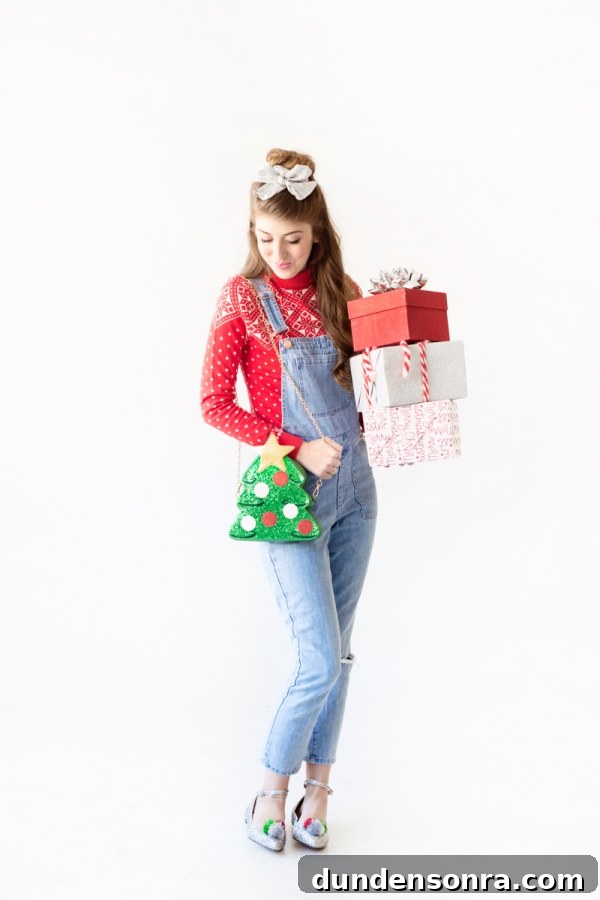 Sparkling Holiday Outfit Ideas: Head-to-Toe Party Looks 8 A woman wearing a red shirt and overalls holding presents