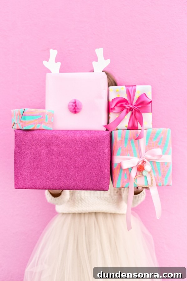 4 Stylish Holiday Gift Wrap Pairings to Impress Recipients 9 A stack of pink presents