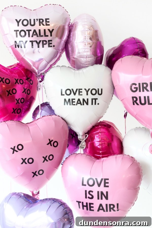 A bunch of pink and white balloons with words on them