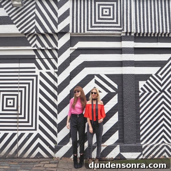 Top London Walls for Studio DIY and Urban Photography 4 Two girls standing in front of a black and white patterned wall