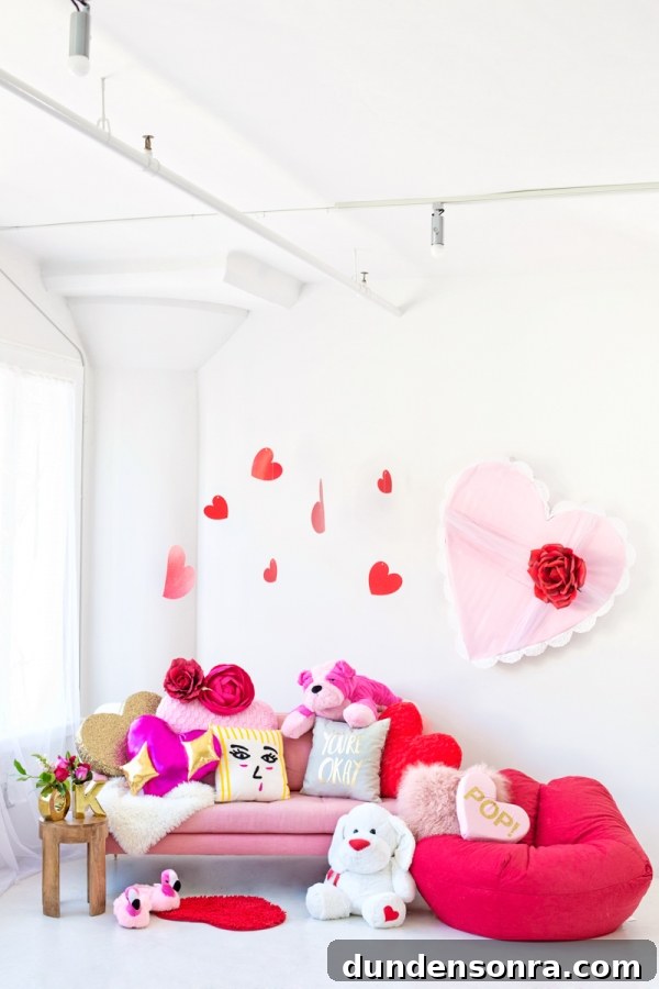 Galentine’s Day Slumber Party Throwback with Free Printables 2 A bunch of hearts hanging from the ceiling and a couch with pillows