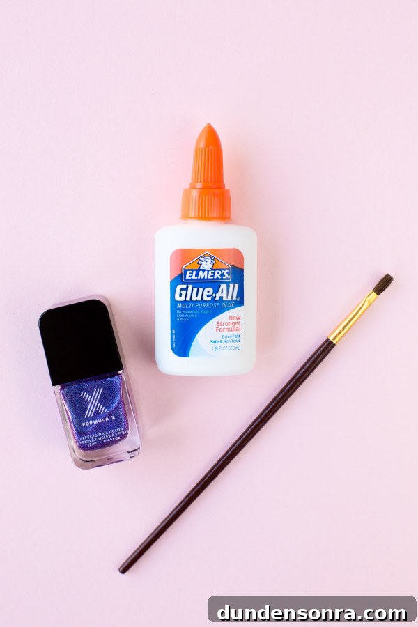 Glue, nail polish, and a brush
