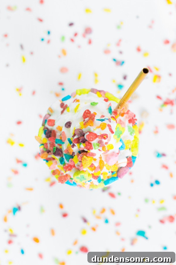 Colorful Rainbow Cereal Milkshake Recipe for Kids and Parties 6 Milkshake with sprinkles