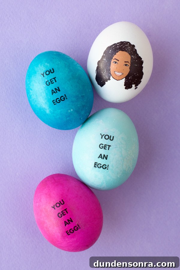 Celebrity-Inspired DIY Easter Egg Ideas for a Stylish Holiday 4 Eggs with faces and words