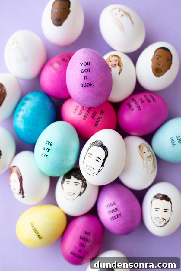 Celebrity-Inspired DIY Easter Egg Ideas for a Stylish Holiday 8 Eggs with words and faces close-up